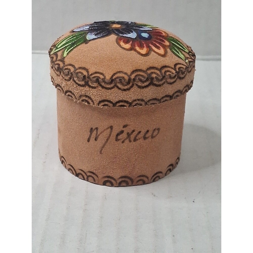 LEATHER ROUND DECORATIVE BOX WITH HAND PAINTED FLORAL DESIGN